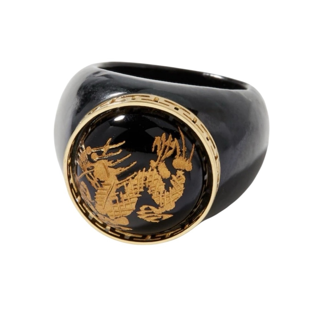 Roz Kwan Sterling Silver Gold Plated Carved Dragon Black Onyx Charcoal Jade Ring